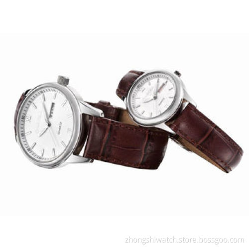 Lover's Fashion Watches with Stainless Steel Case, Genuine Leather Strap, Date Week Function